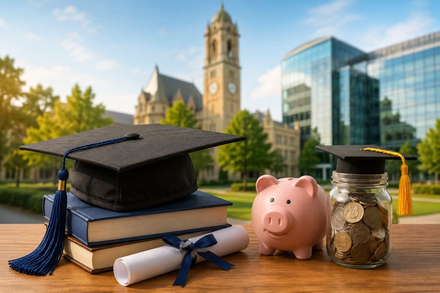 Melbourne MBA scholarships concept featuring graduation caps, academic books, a diploma, piggy bank, and coins on a university campus.